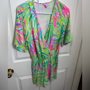 Lilly Pulitzer Madilyn Short Sleeve Romper Tiki Pink Royal Lime